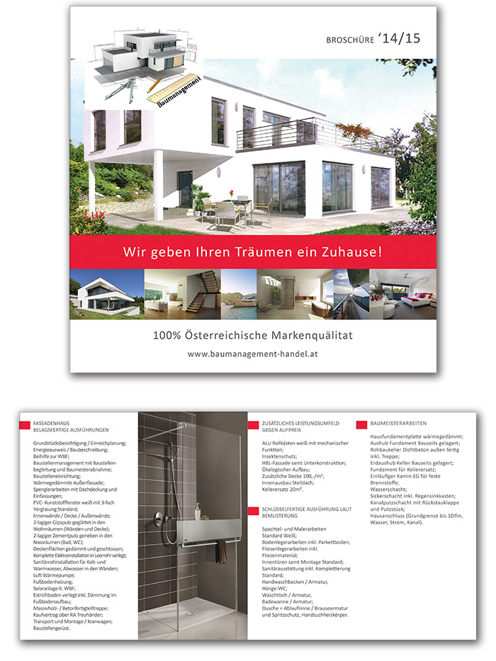 Elegant brochure designs for Baumanagement-Handel, showcasing light and luxurious styles for houses and villas.