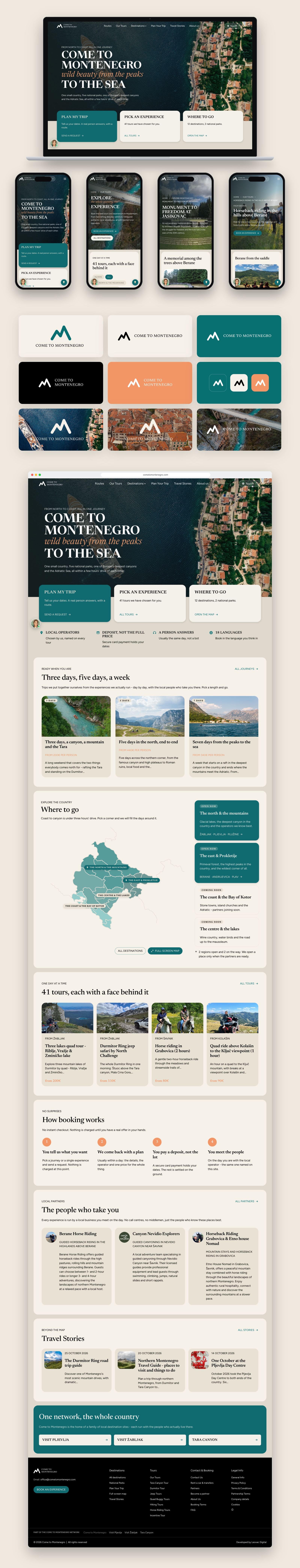Come to Montenegro website on a laptop and on phones, nine logo variants, and the full homepage