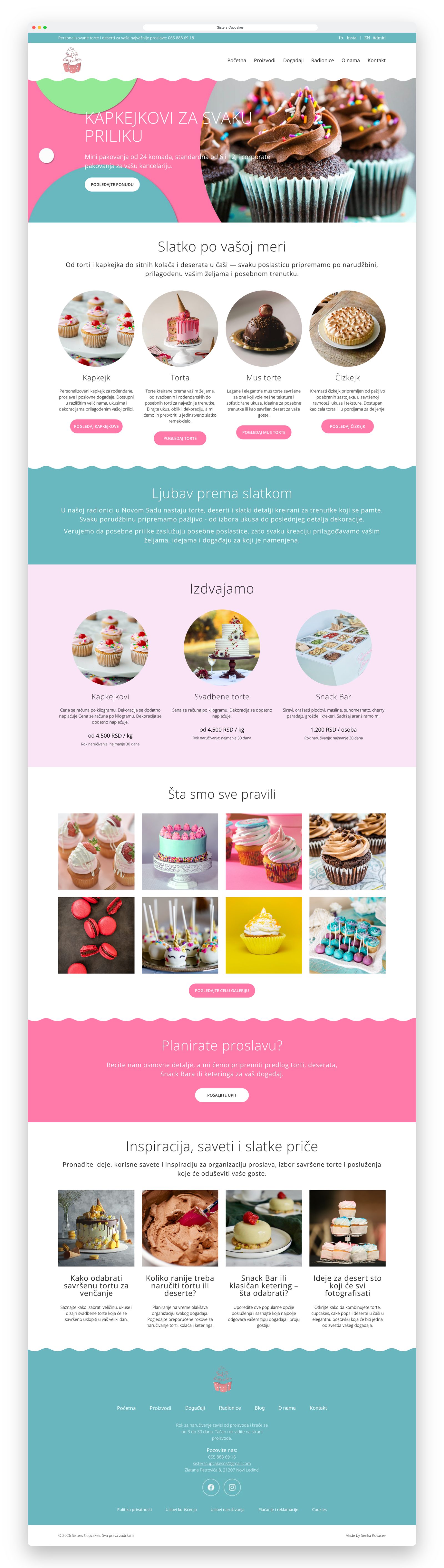 The full homepage of the new Sisters Cupcakes website in a browser window