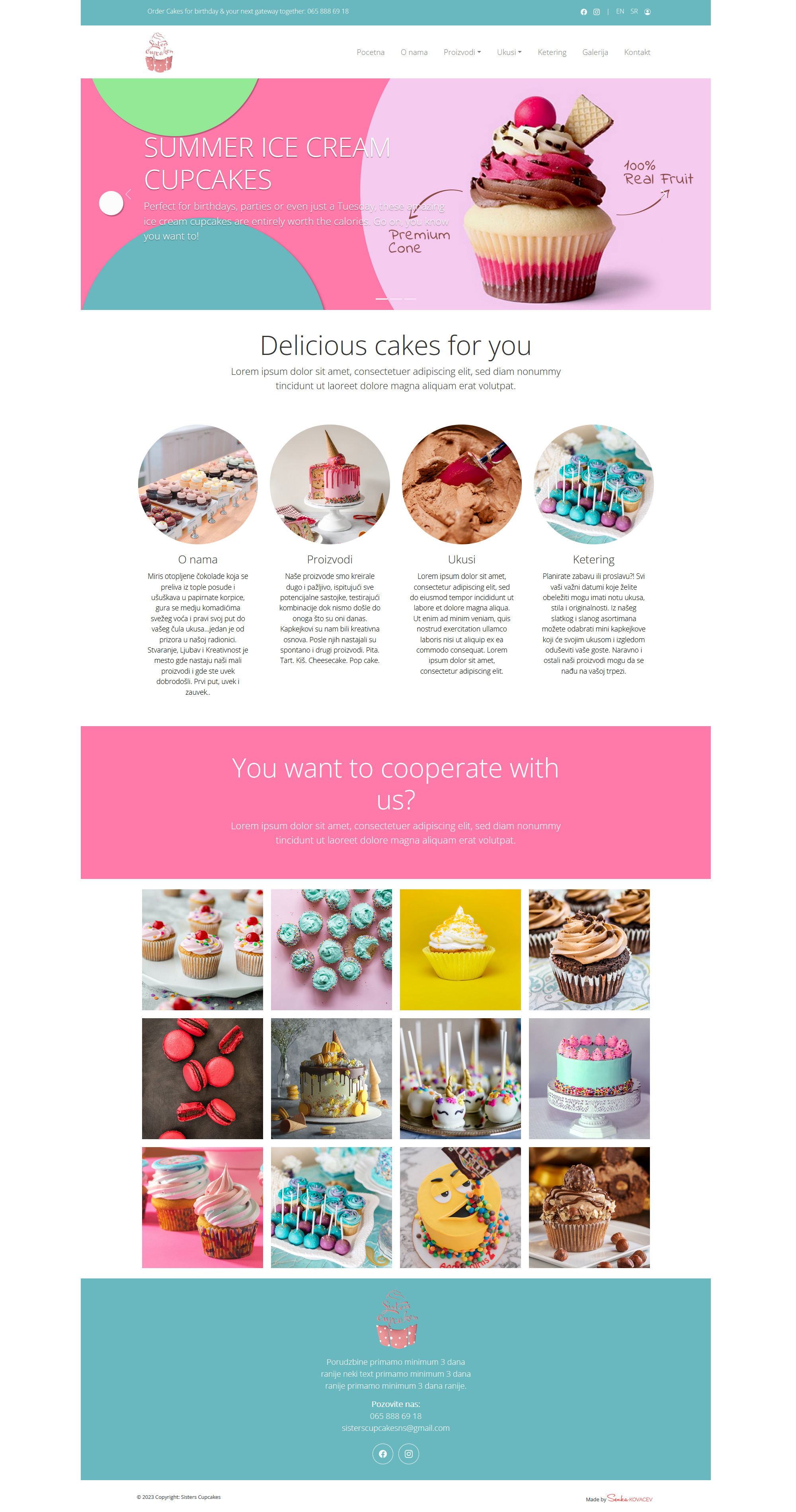 Full-page website design for Sisters Cupcakes, featuring joyful and elegant design with confetti and light tones.