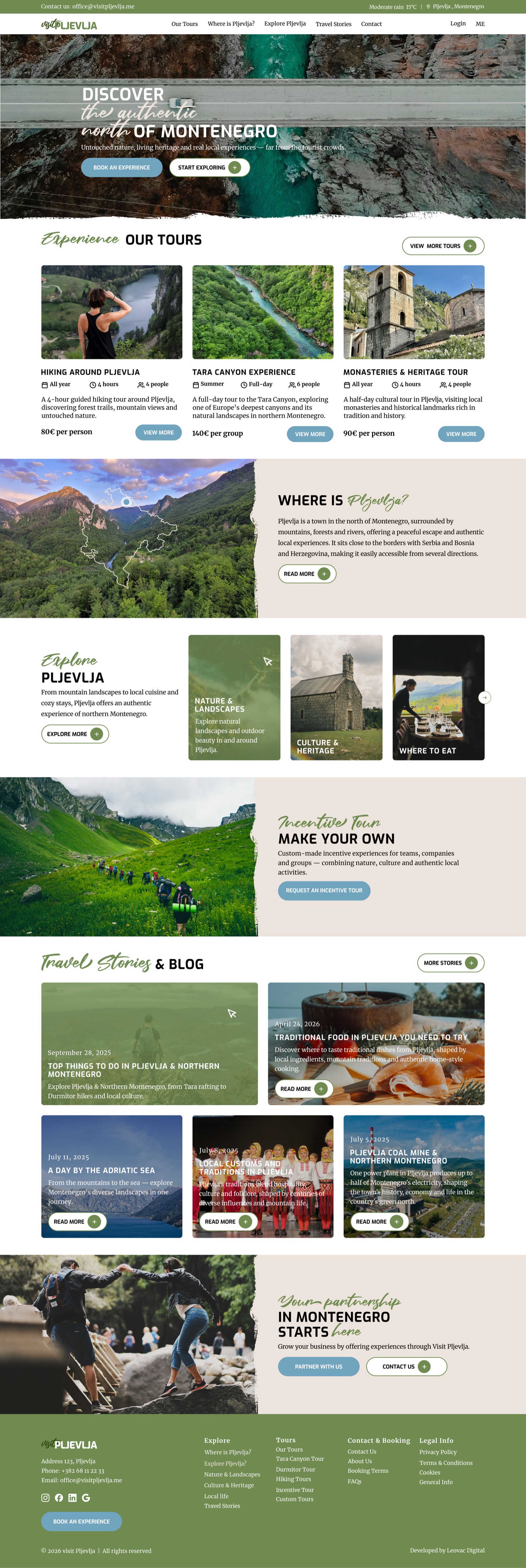 Full-page website design for VisitPljevlja.com, a tourism platform for Northern Montenegro, with tour listings, travel stories and destination guides
