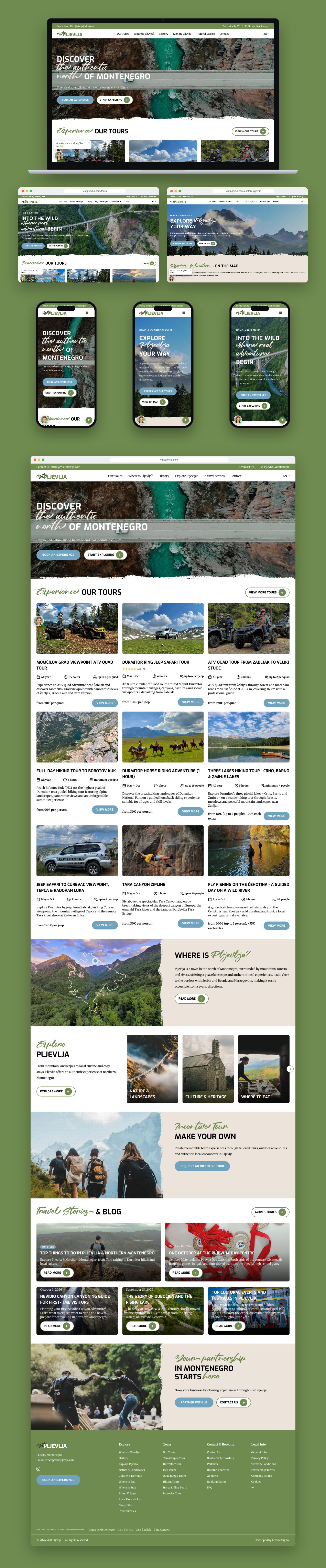 Visit Pljevlja website on a laptop, in browser windows and on phones, with the full homepage below