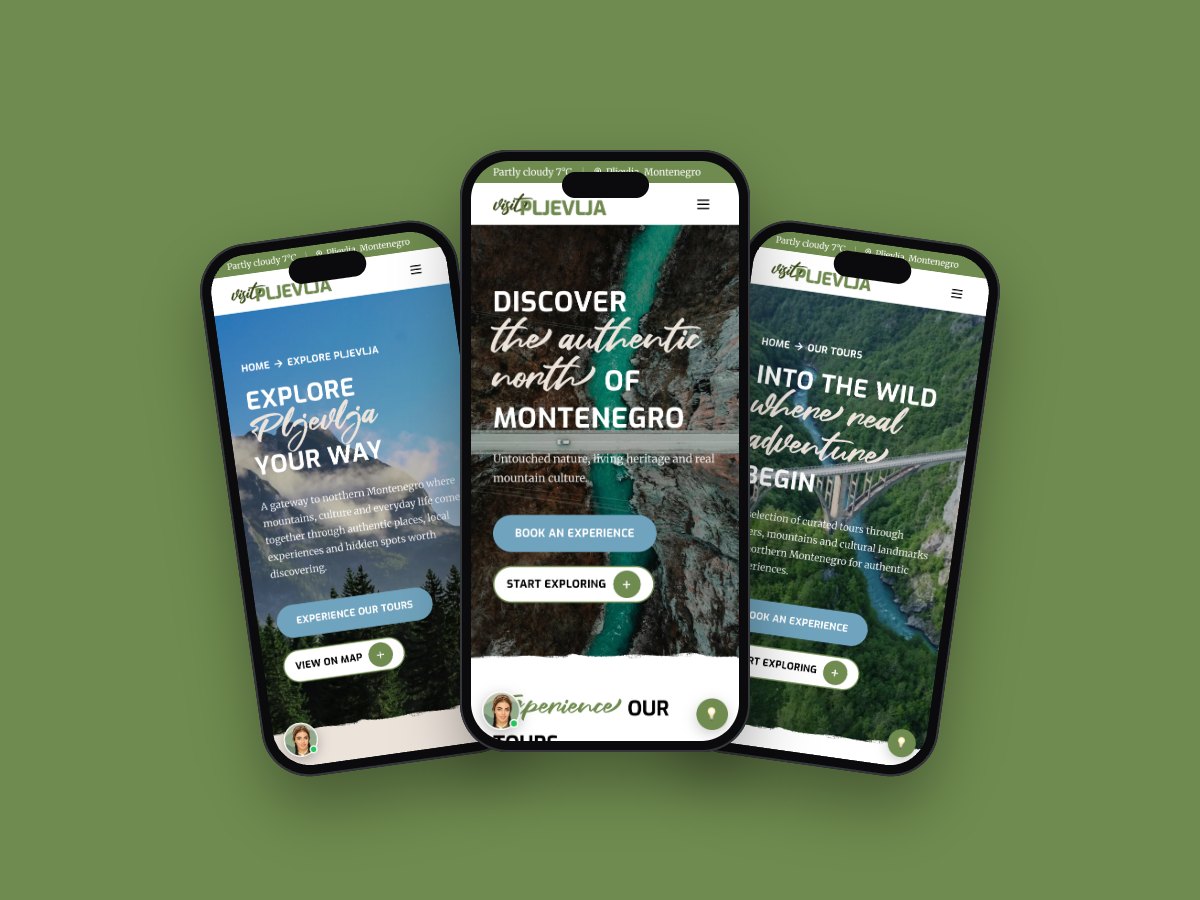 Visit Pljevlja website on three phones, the homepage, explore page and tours